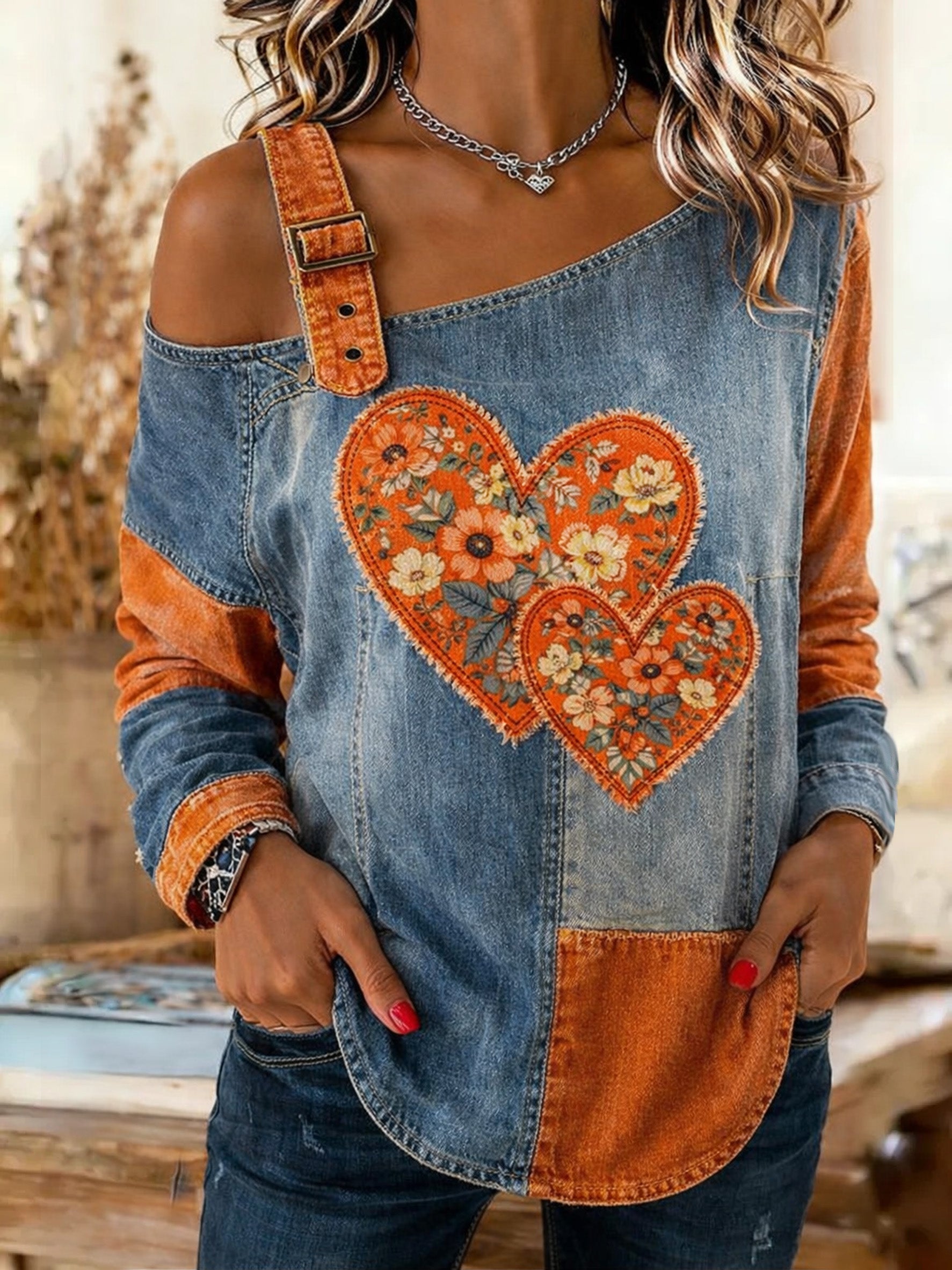Women's Retro Floral Color-Blocked Art Print Washed Denim Long Sleeve Shoulder Strap Top
